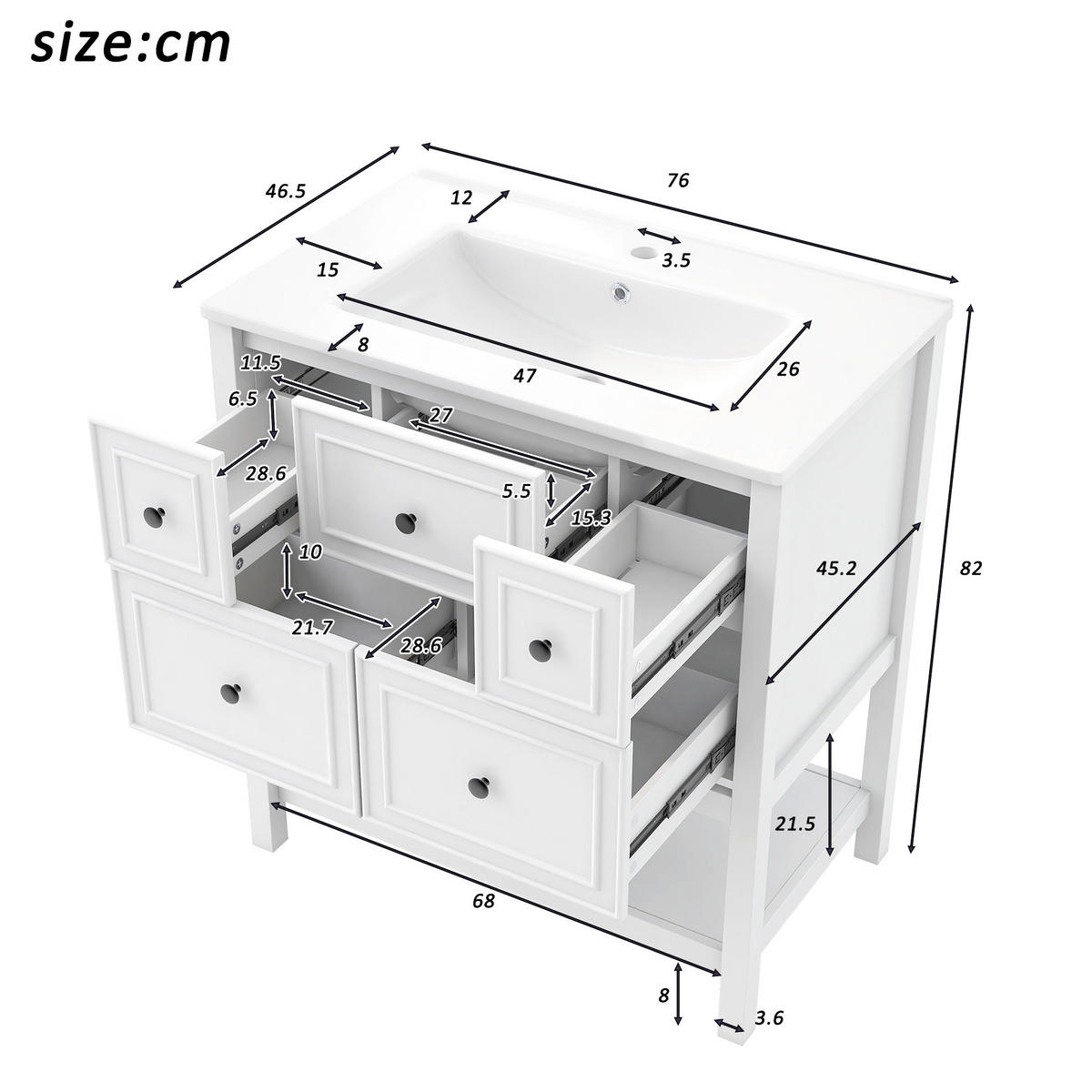 KOUPELNOVÁ SKŘÍŇKA S UMYVADLEM Bílá volně stojící 76 cm - bílá, kompozitní dřevo (76/82/46.5cm) - Urban Meuble