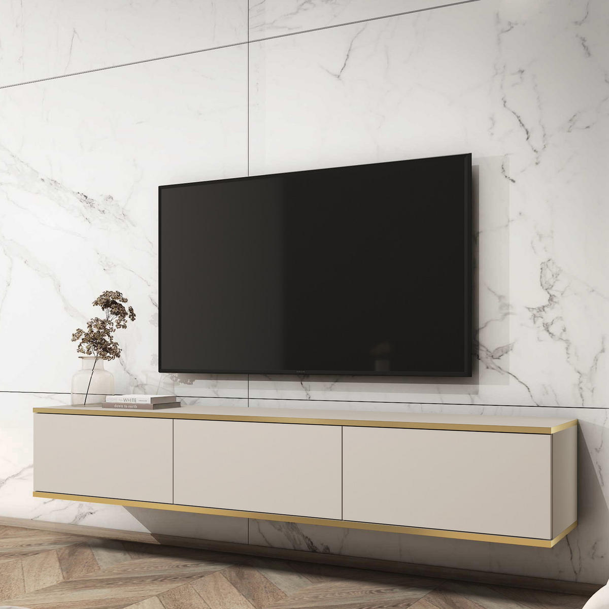 TV-LOWBOARD FORNO (Beige, Goldene Details, 3 Türen, 175 cm) - Beige, Holz/Holzwerkstoff (175/30/32cm) - Ravio