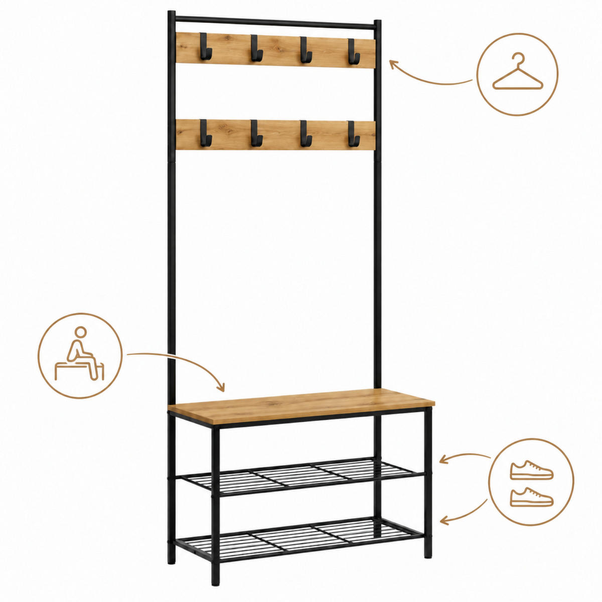 GARDEROBENSTÄNDER Eiche Schwarz 70x32x175 cm mit Sitzbank 8 Haken - Eichefarben/Schwarz, Holzwerkstoff/Metall (70/175/32cm) - Begryf