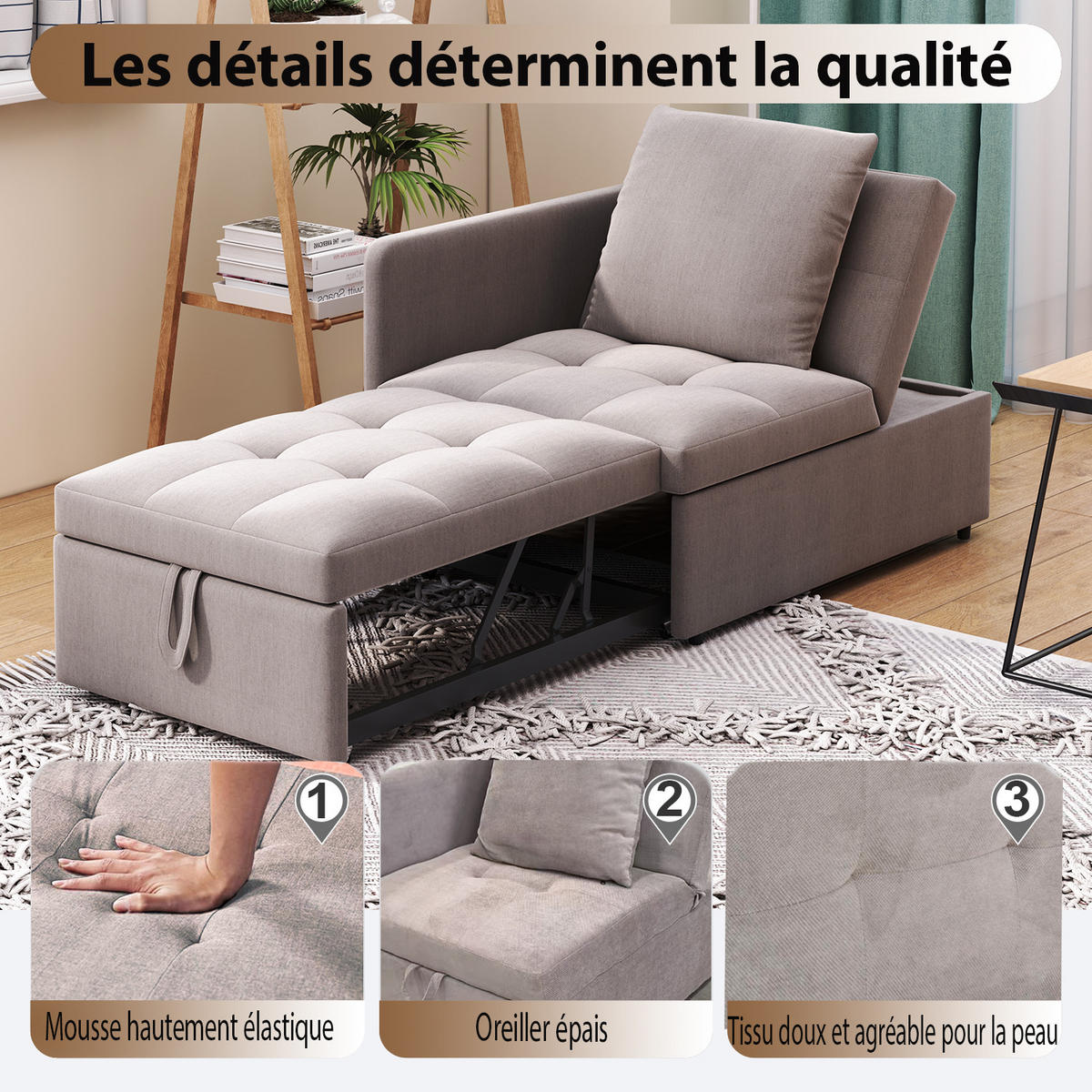 SCHLAFSOFA 3in1 Leinen Rückenlehne - Grau, Textil (177/65/68cm) - FLIEKS