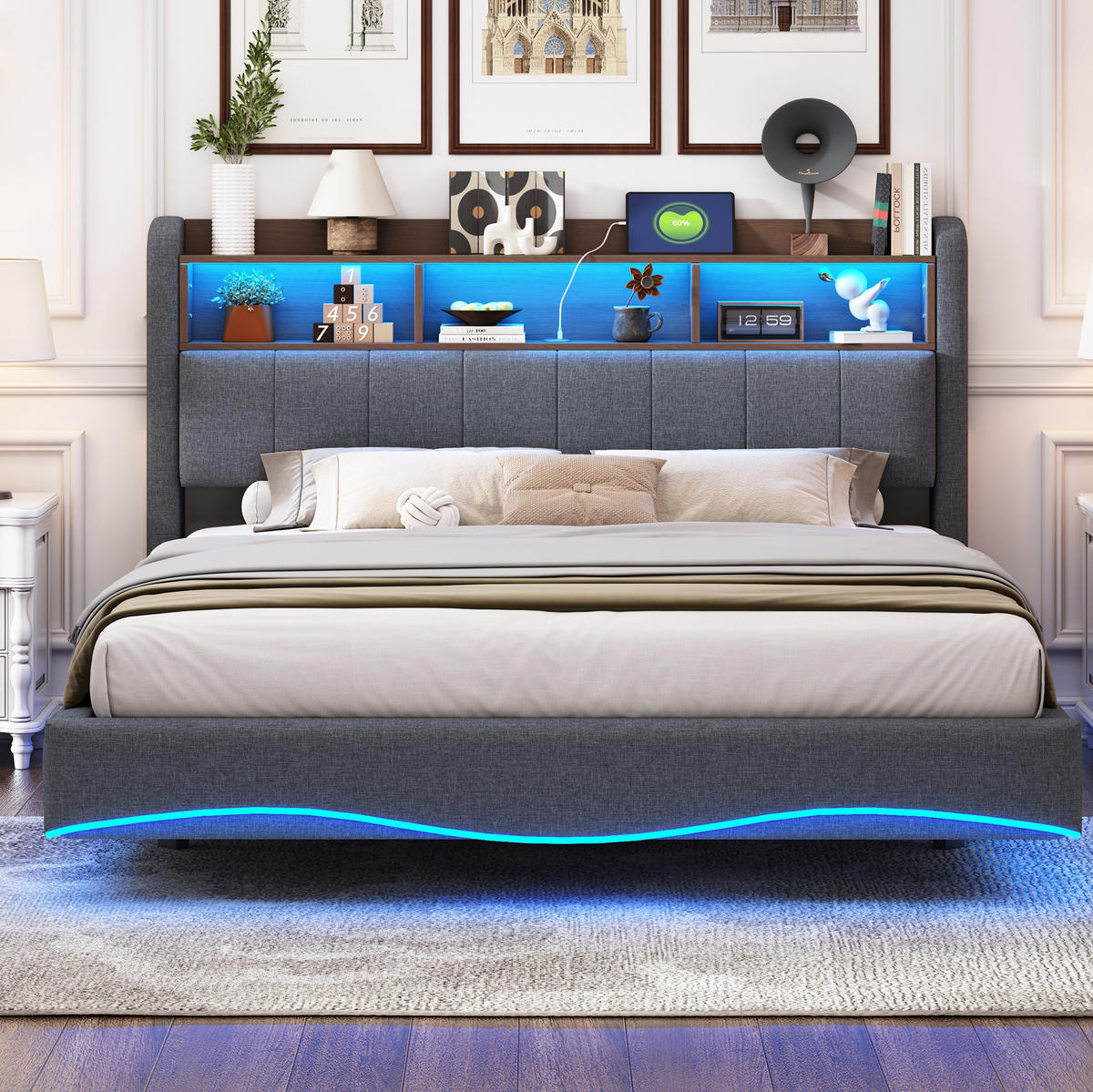 TAPECIRANI krevet 160/200 cm sivi od tkanine s LED rasvjetom, USB i Type-C priključcima - siva, tekstil (160/200cm) - OKWISH