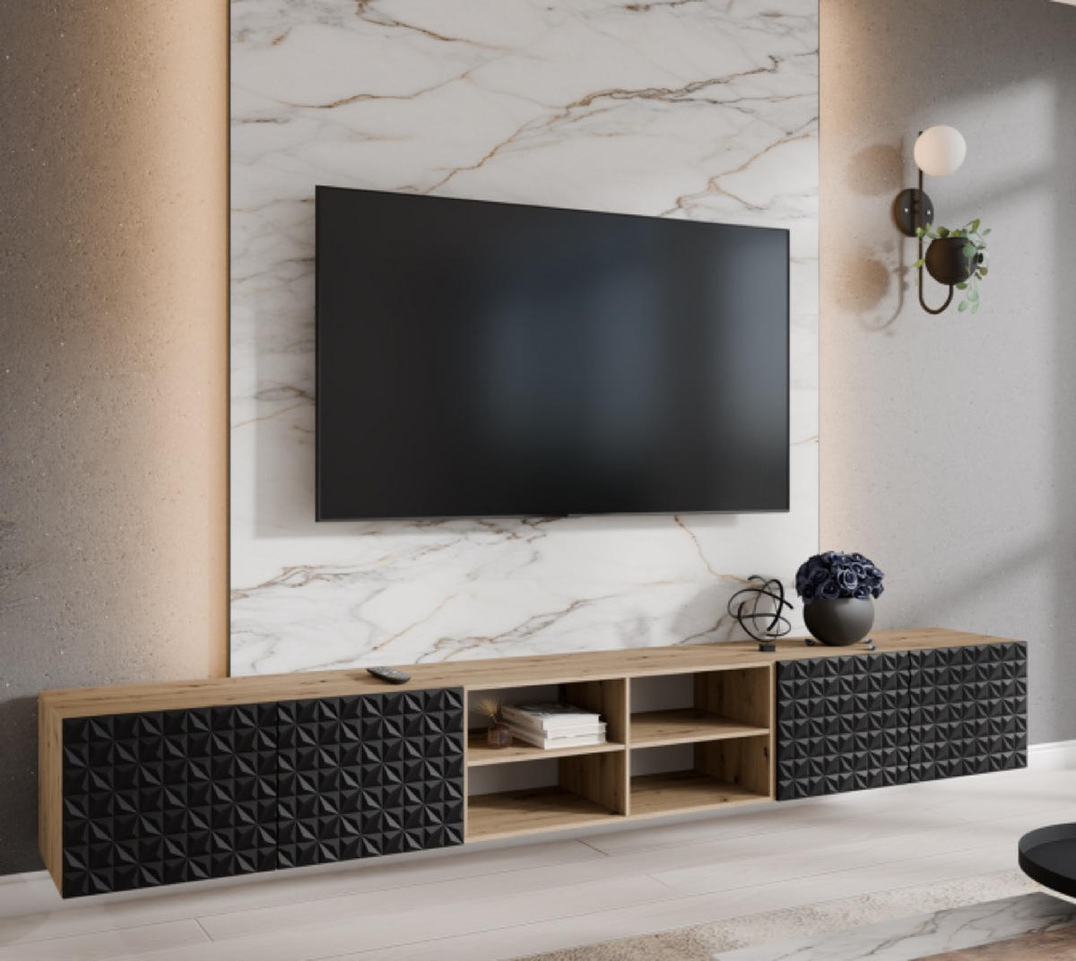 TV-LOWBOARD Schwarz ALI Offene Regale Dekorative Fronten 300 cm - Schwarz, Holzwerkstoff (300/41/40cm) - Sepro Meble
