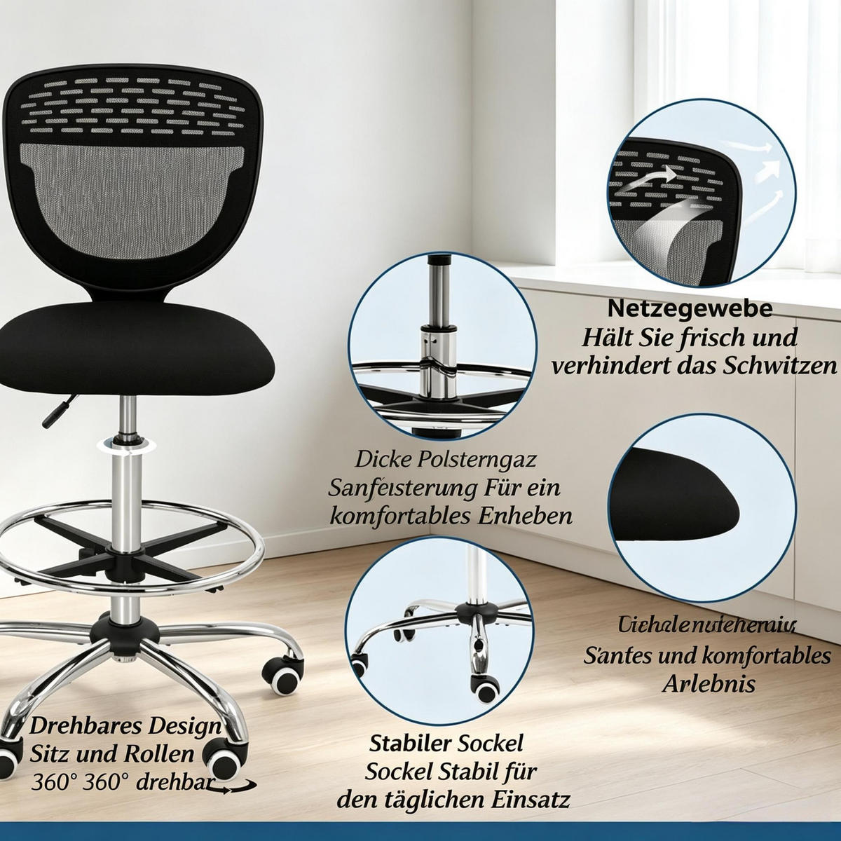 DREHSTUHL Ergonomischer höhenverstellbar mit Fußstütze - Schwarz, Leder (59/126/59cm) - Gisaae