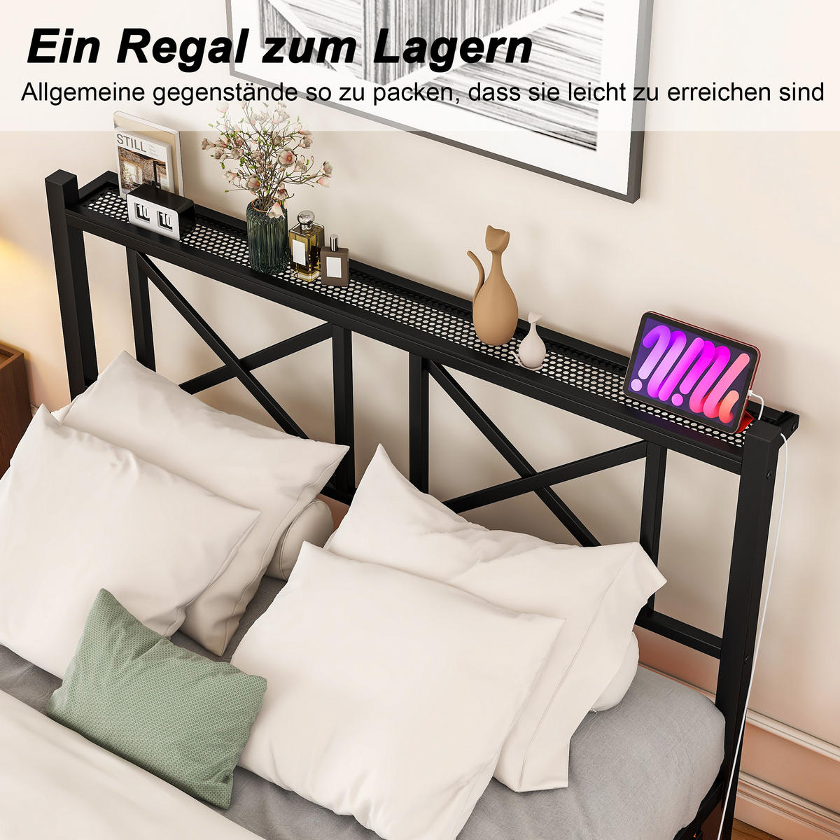 METALLBETT 120x200 cm LED USB Kopfteil - Schwarz, Metall (120/200cm) - Fortuna Lai