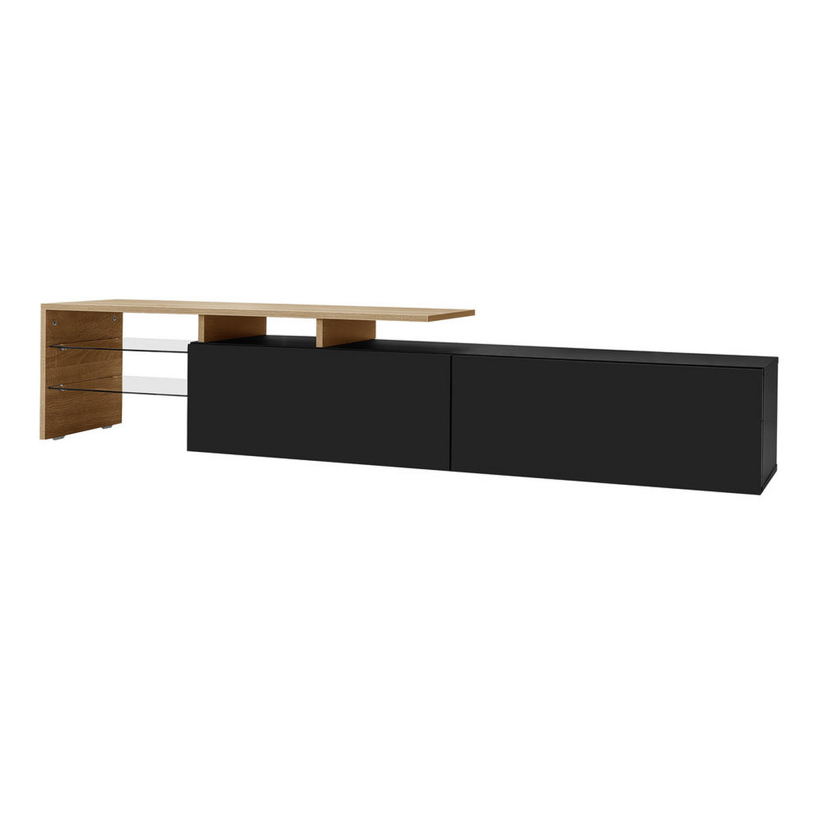 TV-SCHRANK Modern Hochglanzschwarz Holzoptik Glasböden LED-Beleuchtung - Schwarz, Holz (42.19/18.42/143cm) - FLIEKS