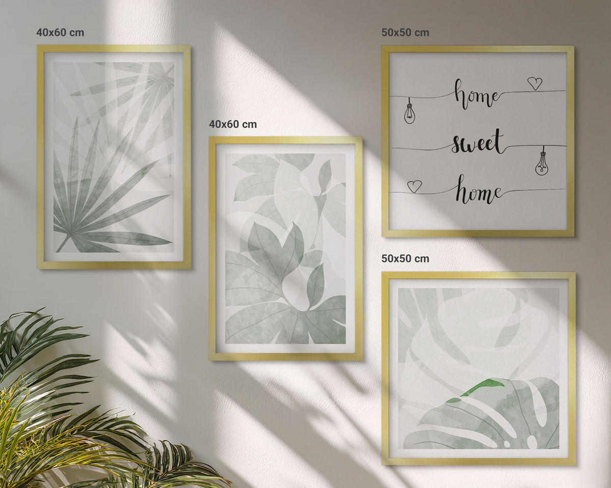 BILDER SET 4er Set - 50x50 cm & 40x60 cm Goldrahmen - Die Blätter der Pflanzen sind grünlich-grau. - Goldfarben, Kunststoff (50/50cm) - TULUP