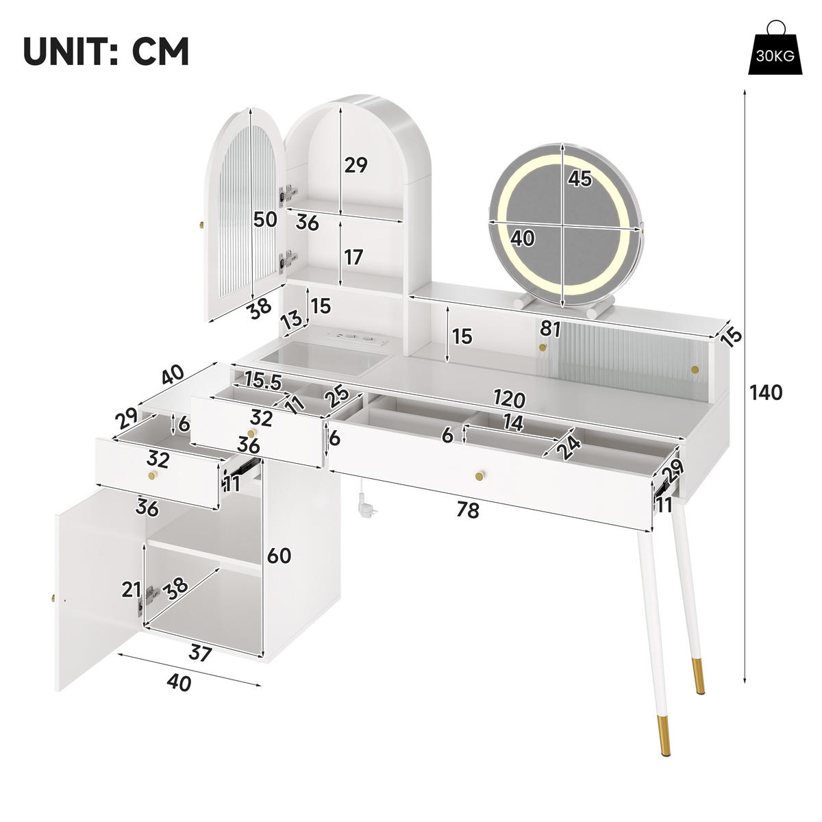 SCHMINKTISCH LED Spiegel USB Type C Glasplatte Weiß - Weiß, Glas (140/140/40cm) - FLIEKS