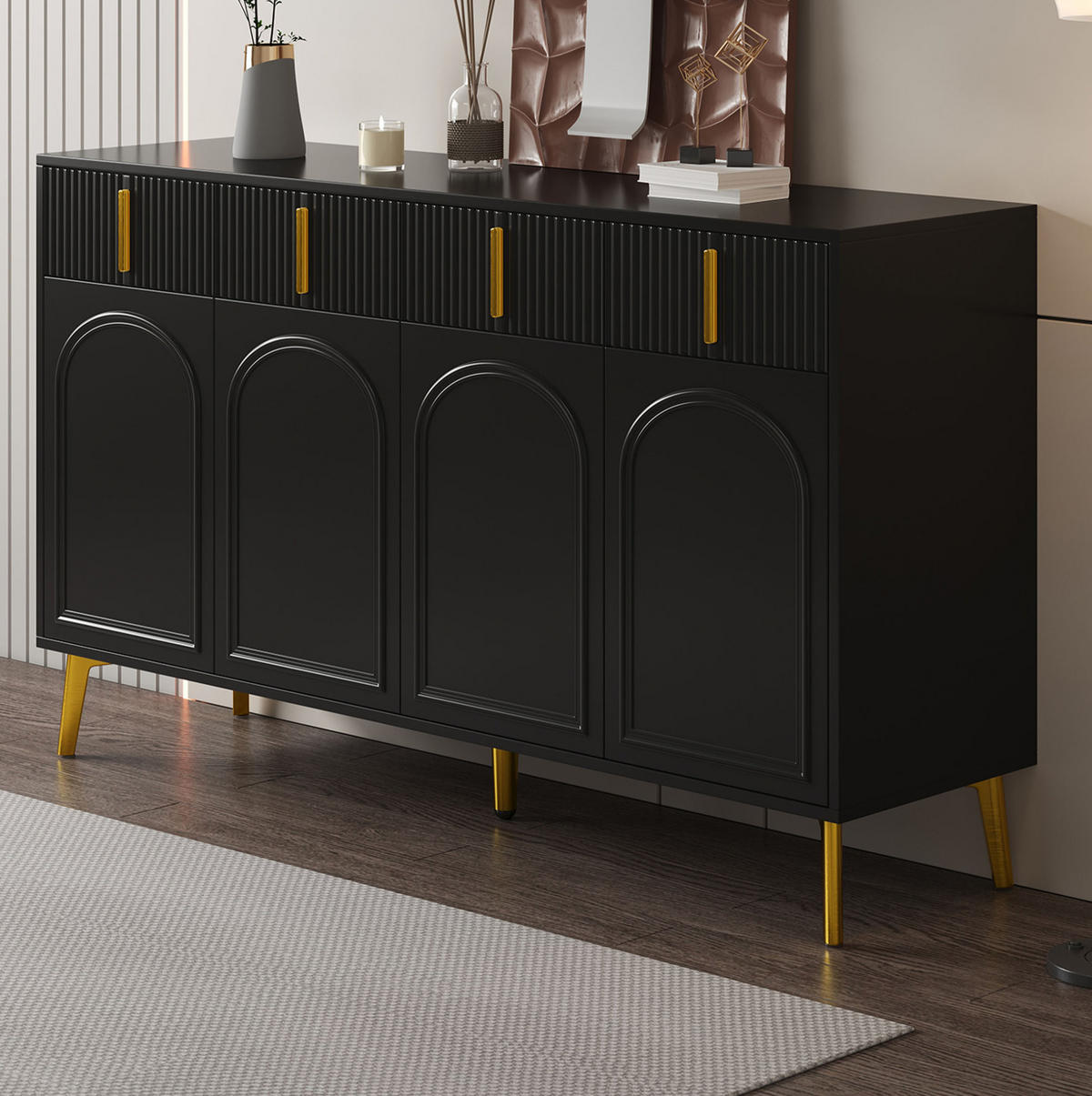 SIDEBOARD mit 4 Türen und 4 Schubladen 140 x 38 x 82 cm Schwarz - Schwarz, Holzwerkstoff (140/82/38cm) - Meubliv