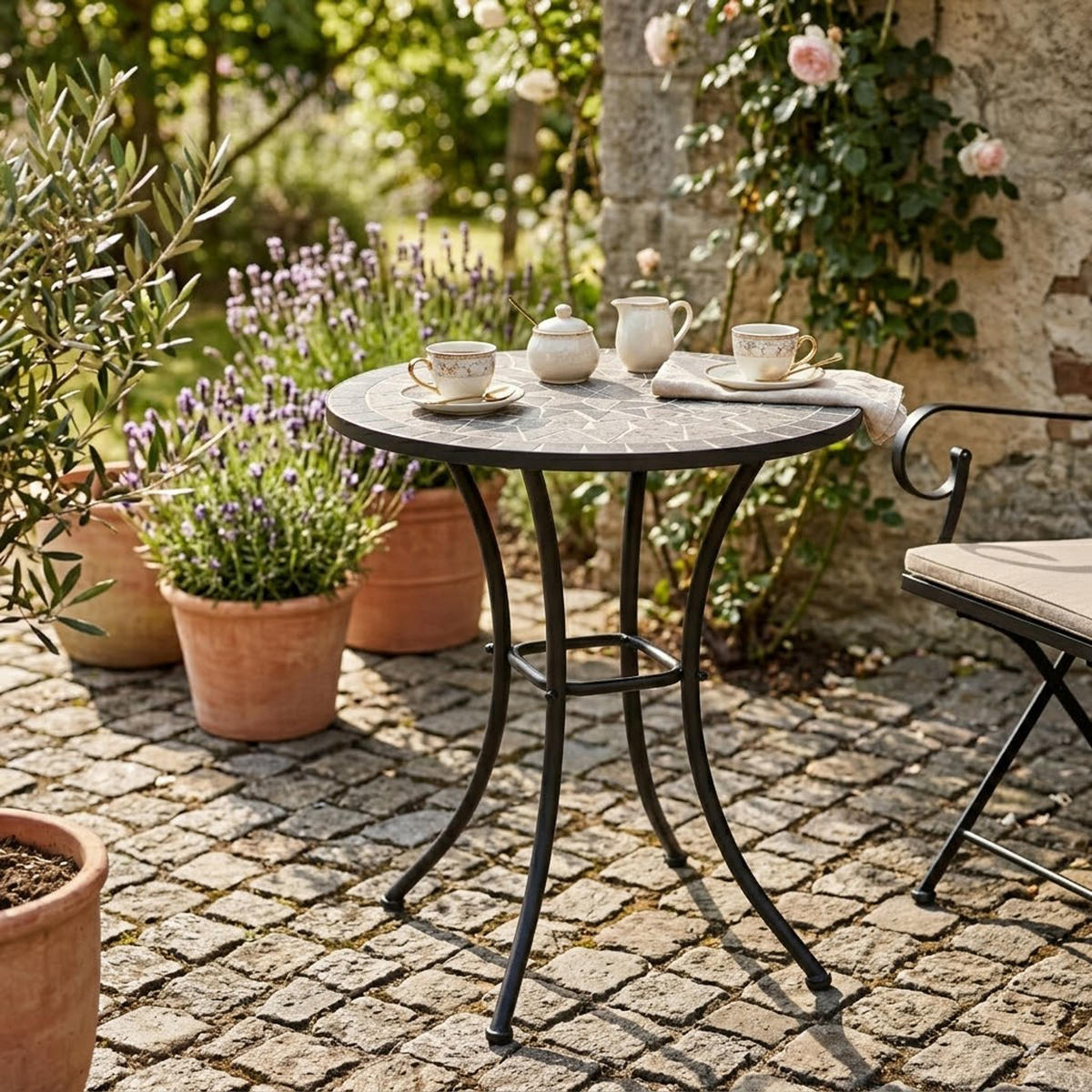 BISTROTISCH Derby mit Mosaik-Tischplatte grau/weiss - Gestell aus schwarz pulverbeschichtetem Eisen 60x60x70 cm - Schwarz, Metall (60/60/70cm) - TPFGarden