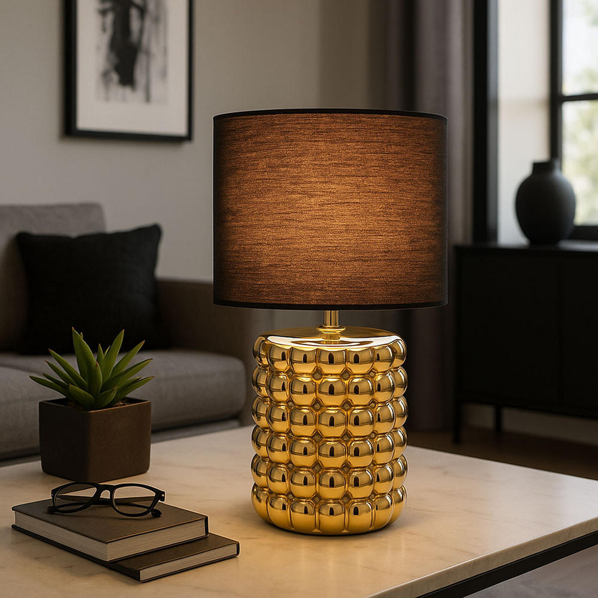 TISCHLEUCHTE Keramik Gold Schwarz 2er Set - Goldfarben, Textil (18.5/18.5/33cm) - Globo Lighting