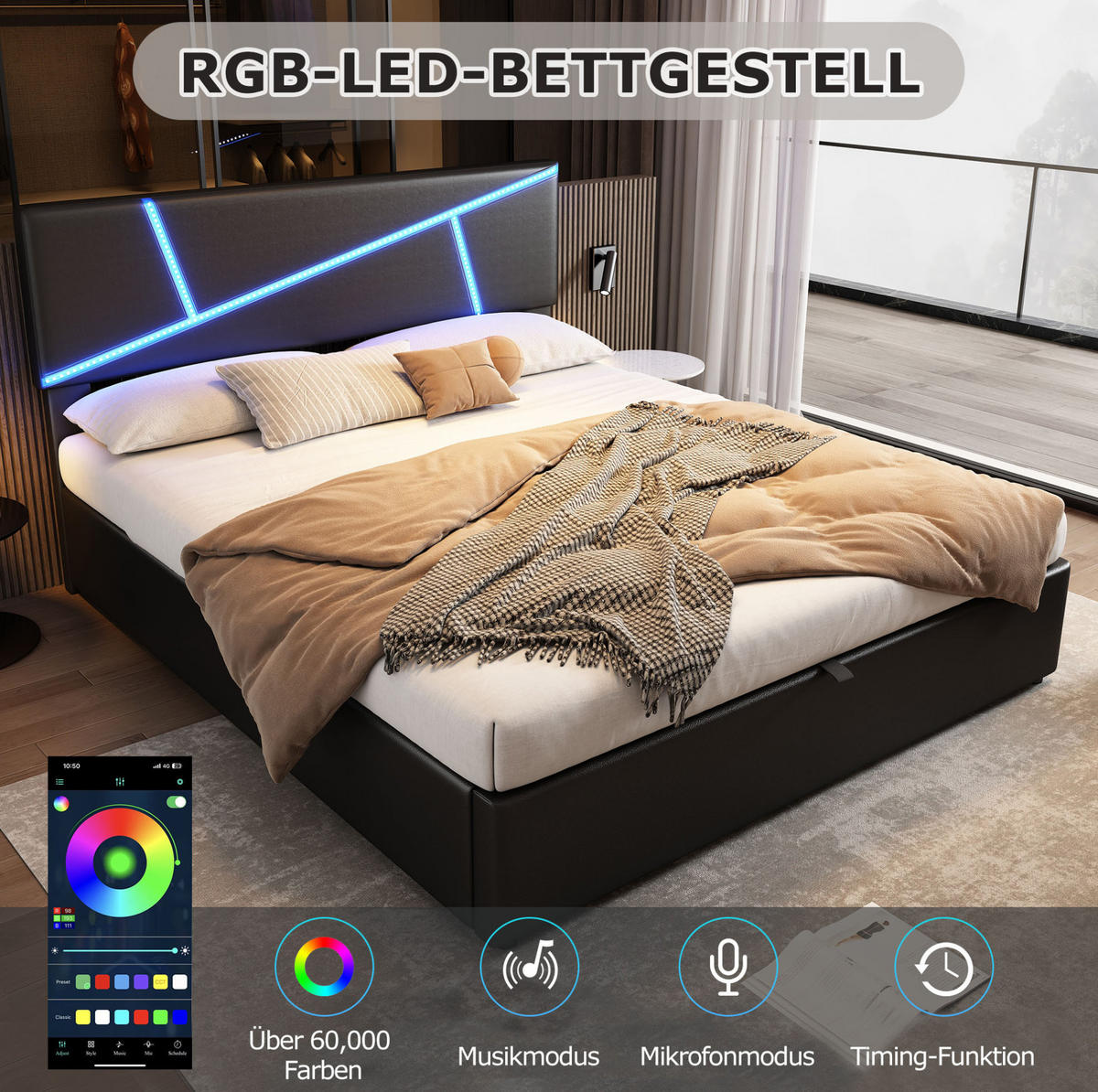 POLSTERBETT mit LED-Beleuchtung 90/200 cm mit Bettkasten und gepolstertem Kopfteil - Schwarz, Kunststoff (90/200cm) - BEAOK