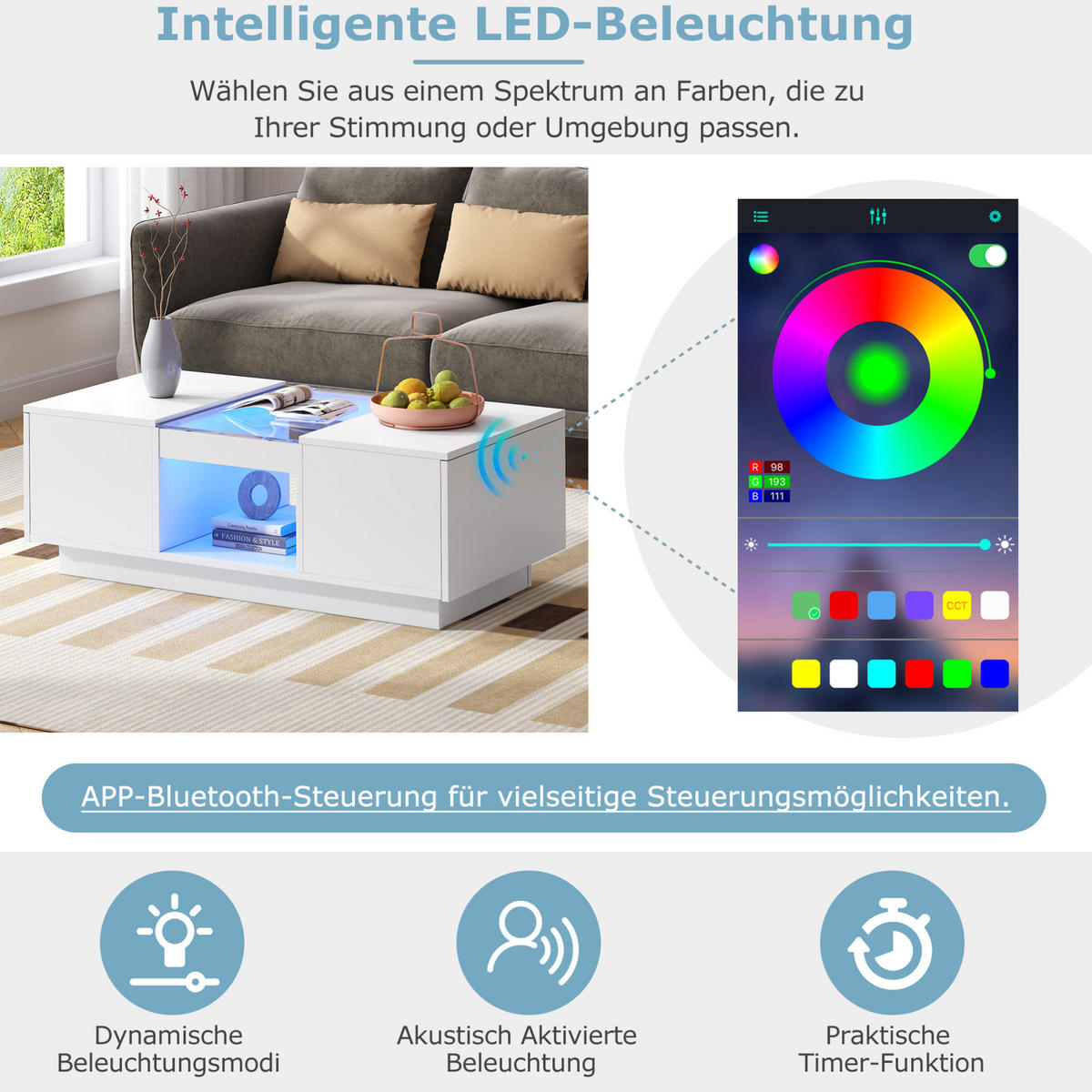 COUCHTISCH 100/50/35,5 cm mit LED-Beleuchtung, App-Steuerung, Glasplatte und 2 Schubladen, Weiß - Weiß, Holzwerkstoff (100/50/35.5cm) - Redom