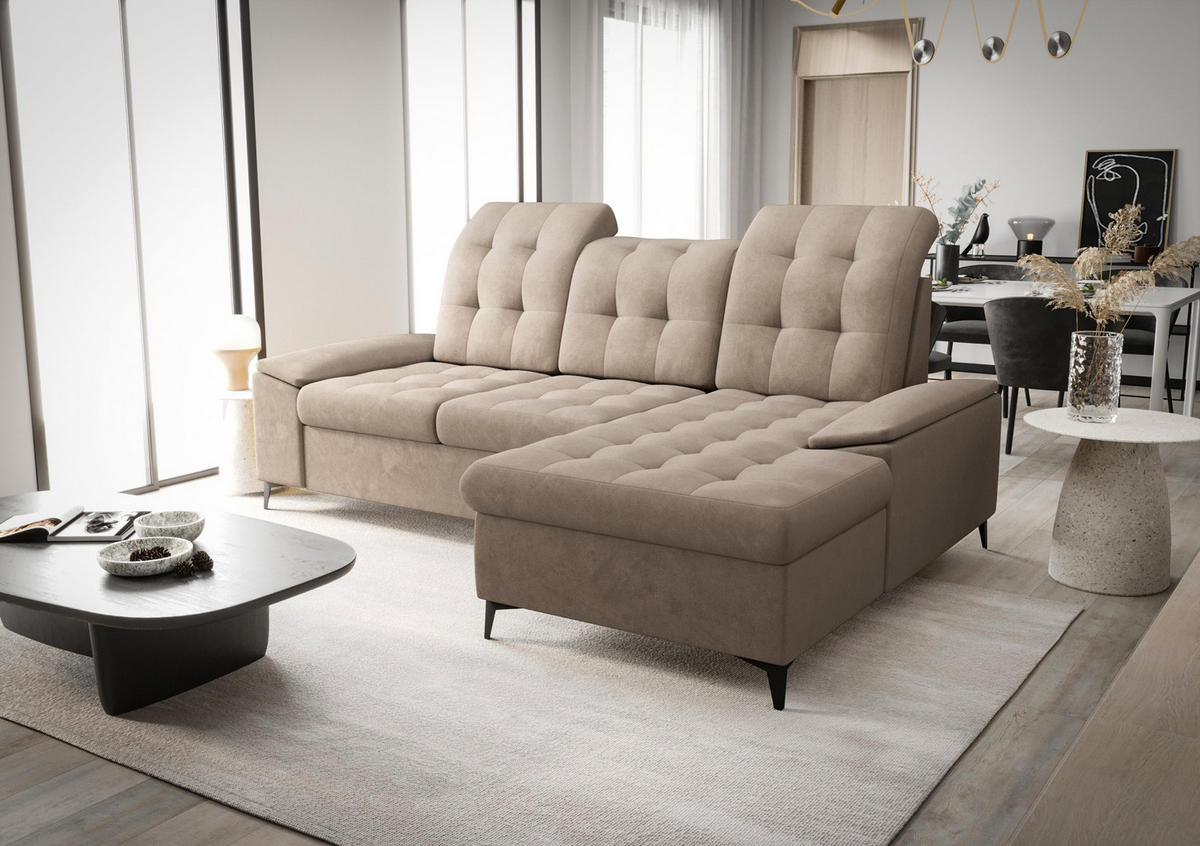 ECKSOFA KONGO RBN18, Eckcouch in L-Form mit Schlaffunktion, Farbe: Beige, Velourstoff, Ottomane Rechts - Beige, Textil (257/172cm) - O-Sofa
