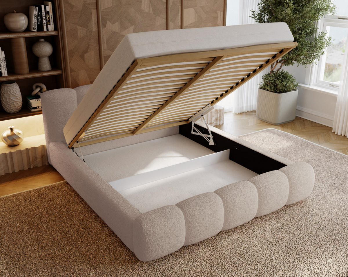 POLSTERBETT bouclé 200x200 Ravello mit Bettkasten, Lattenrost, Beige - Beige, Holz/Textil (200/200cm) - Emporius