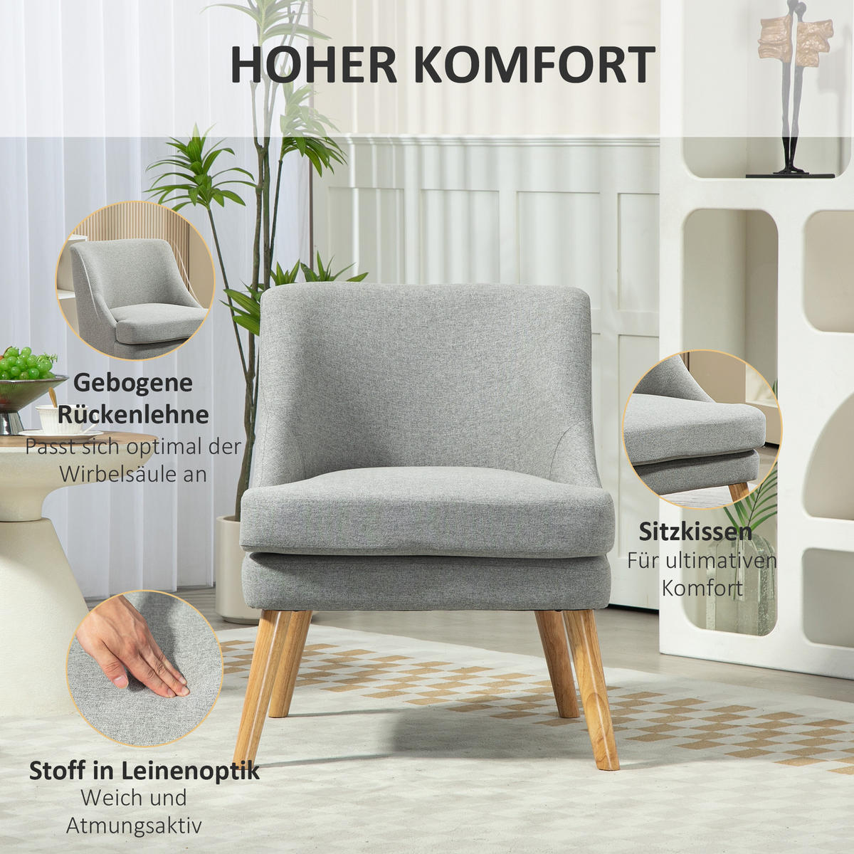 GEPOLSTERTE Loungesessel, Armlehne, Holzbeine, für Wohnzimmer, Schlafzimmer - Hellgrau, Kunststoff (69/79.5/63cm) - HOMCOM