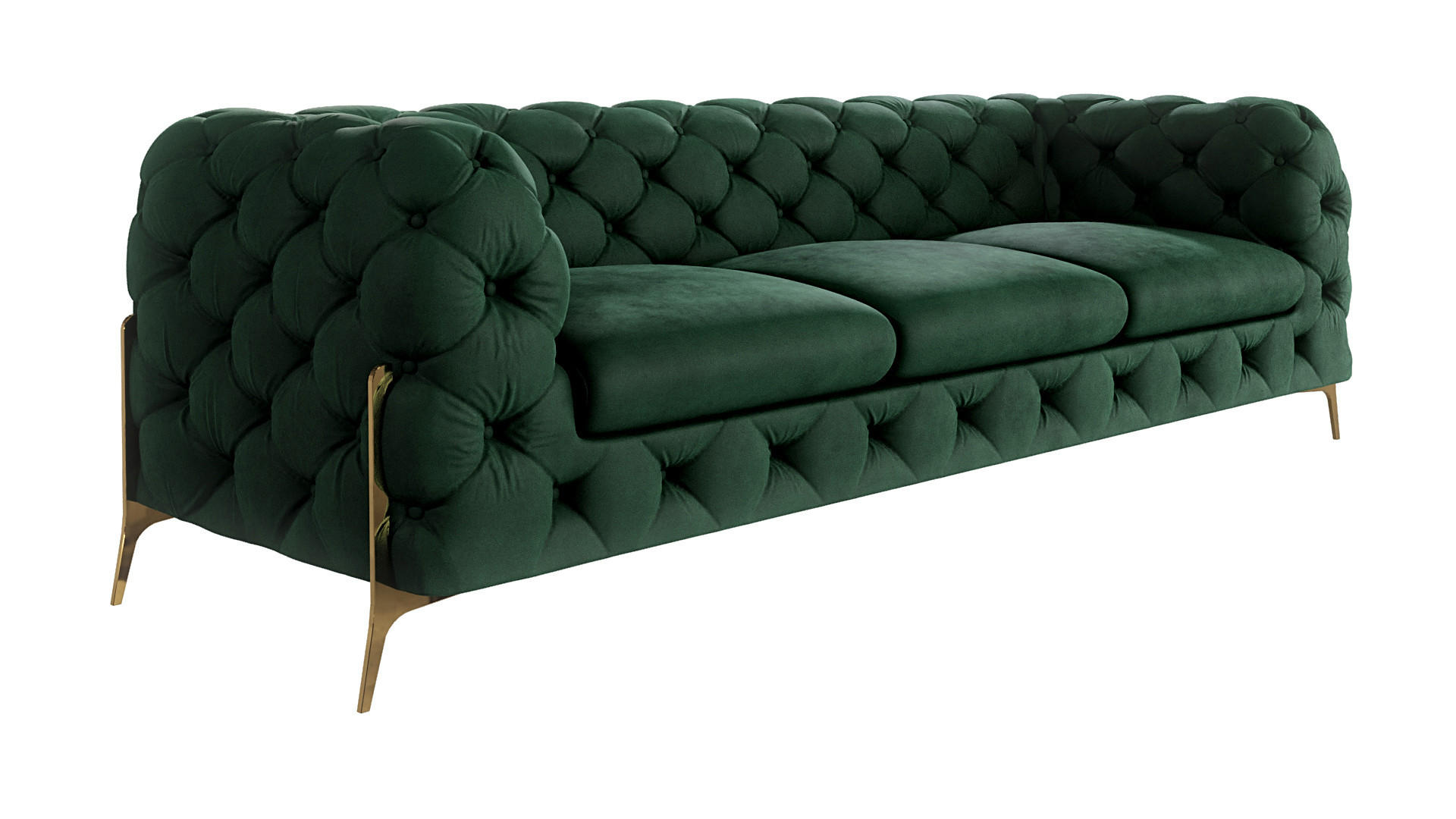 S-Style CHESTERFIELD TŘÍMÍSTNÁ POHOVKA Lexi z lahvově zeleného sametu se zlatými nohami
