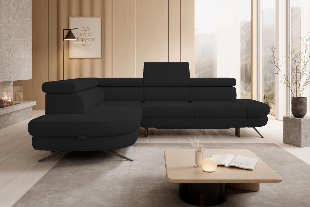 ECKSOFA OTIS L-förm, Schlaffunktion, verstellbare Kopfstützen, in AURORA-Stoff, lose Rückenkissen, freistehend, LINKS 218x276x97 cm Black - Schwarz, Holz/Textil (218/276cm) - DomoHome