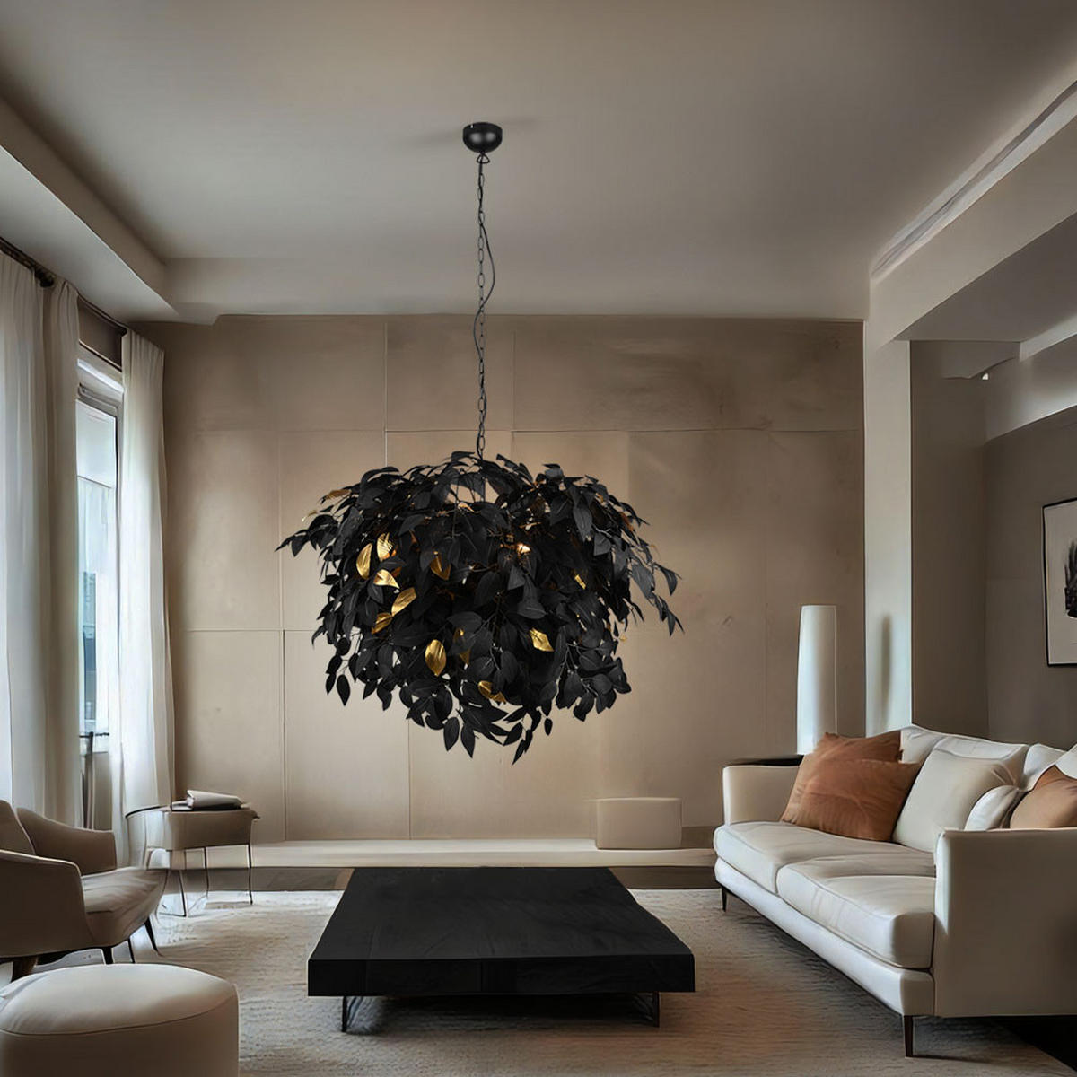 HÄNGELEUCHTE Blätter Schwarz Gold - Schwarz, Metall (70/70/150cm)