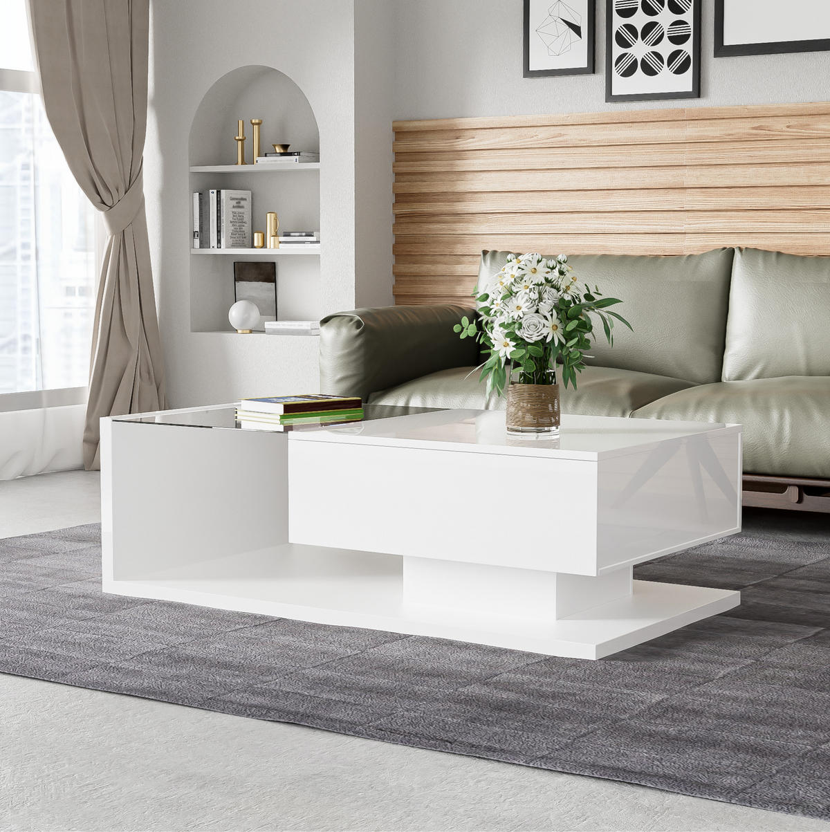 COUCHTISCH mit Ablagefach 105 x 55 cm Weiß Hochglanz mit Glas und LED - Weiß, Holzwerkstoff (105/55/32.5cm) - Meubliv