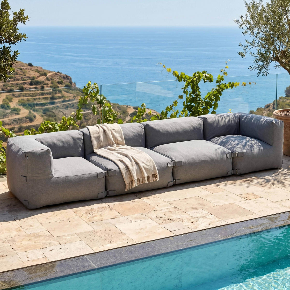 SOFA mit 4 Sitzplätzen, Grau - Grau, Textil - Oviala