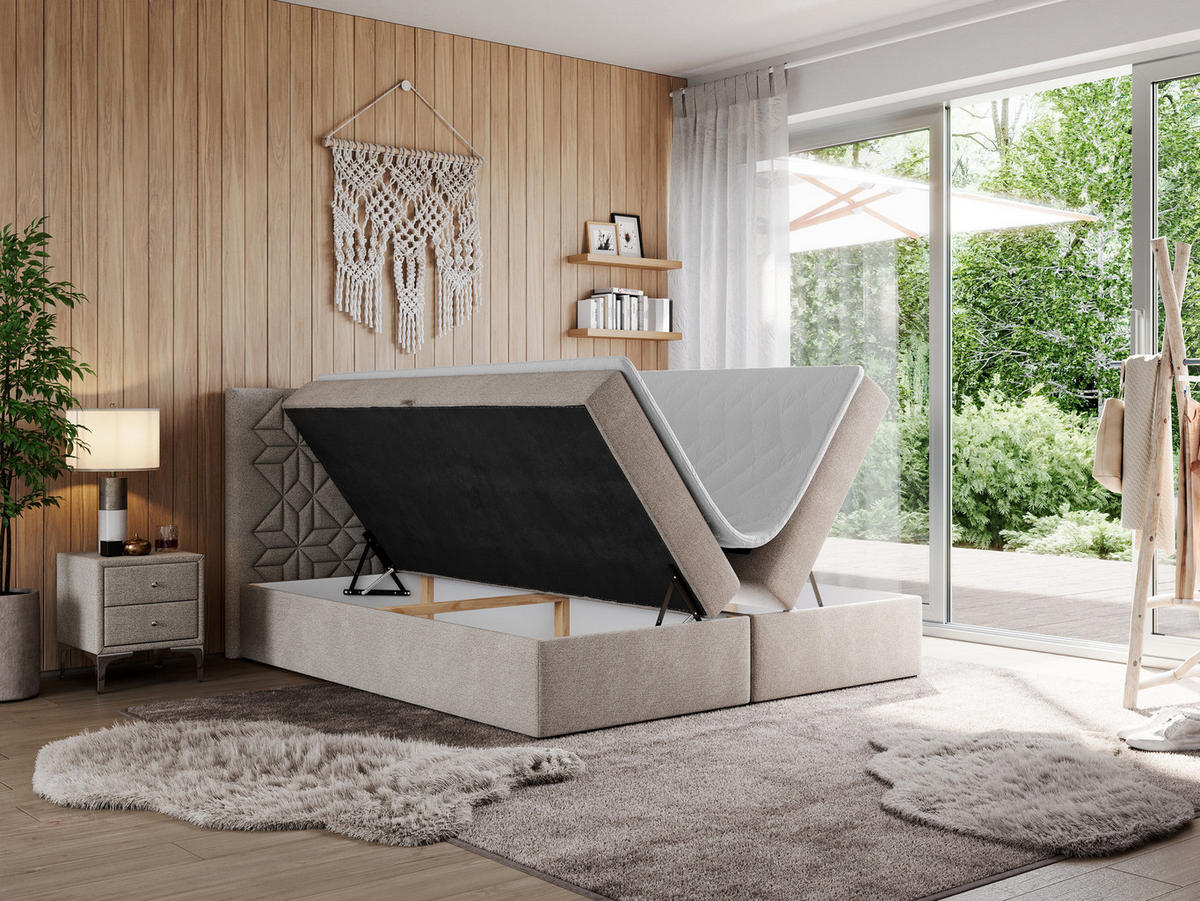 BOXBETT LEILA 200/200 Beige Struktur - H4 - Beige, Holz/Textil (200/200cm) - MKS