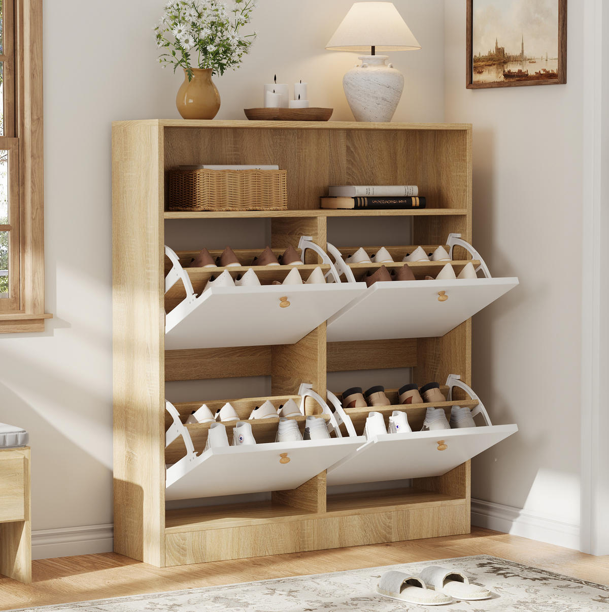 SCHUHSCHRANK aus Spanplatte 90x24x104,5cm in Natur mit 4 Klappen - Naturfarben, Holzwerkstoff (90/104.5/24cm) - Modfu