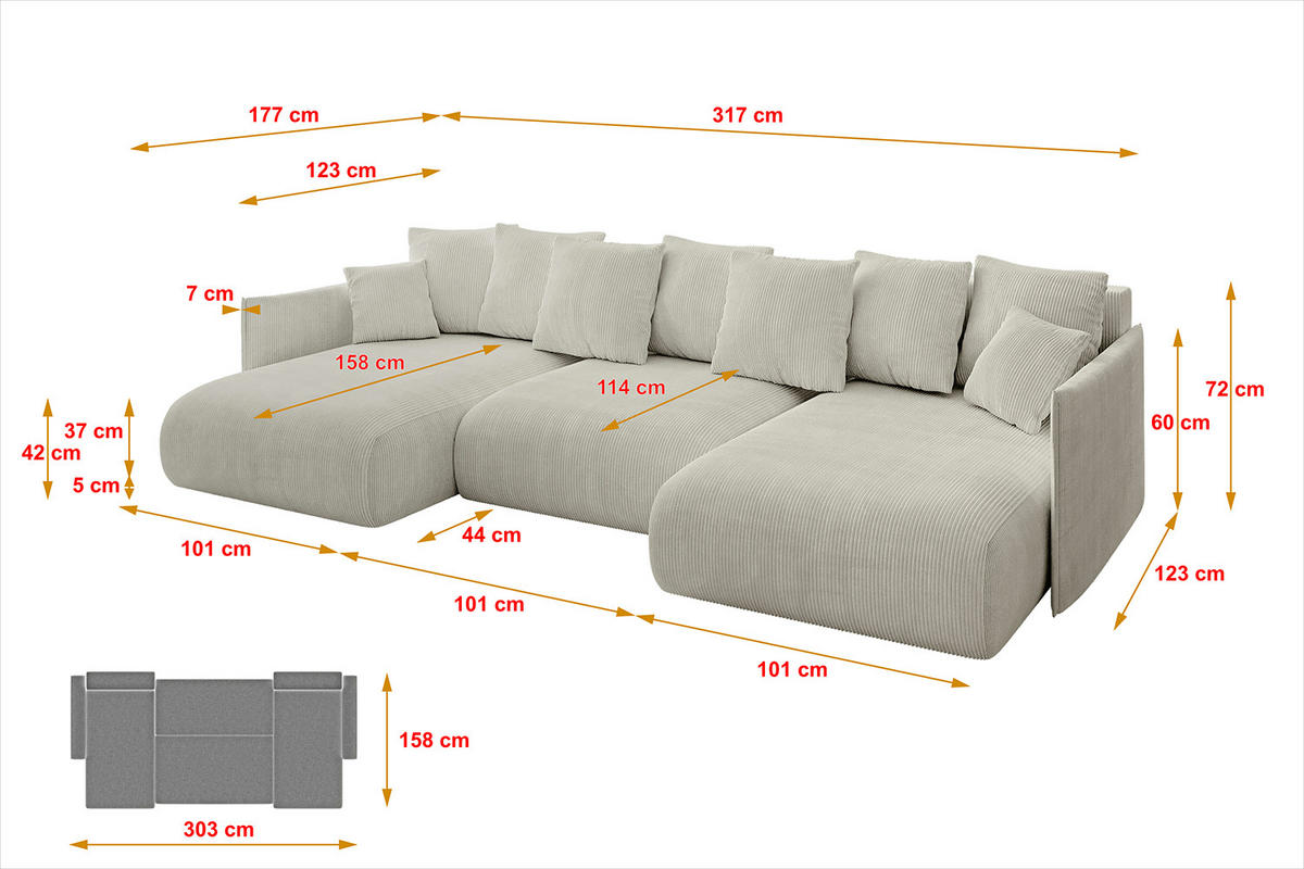 WOHNLANDSCHAFT mit Schlaffunktion und Bettkasten ONESK-U 317x177x72 Hellgrau Cord - Ecru, Holzwerkstoff/Kunststoff (317/72/177cm) - ALTDECOR