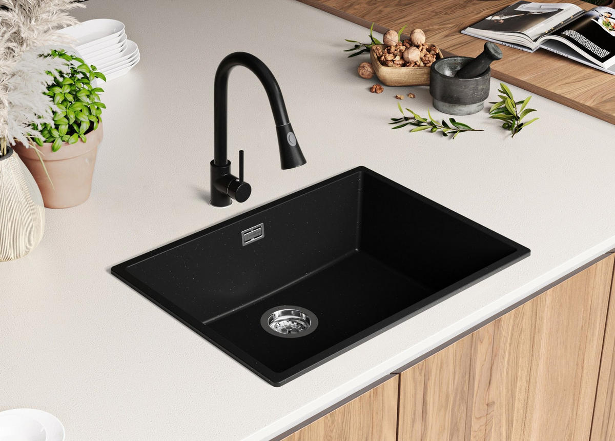 SPÜLBECKEN London Slim, 2-er set Schwarz Metallic 66/47 cm 1 Becken + Ablauf-Set ab 70er Unterschrank - Chromfarben/Schwarz Hochglanz, Kunststoff (66/20/47cm) - Primagran