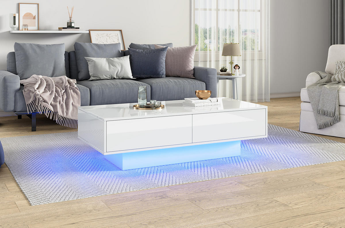 COUCHTISCH, Hochglanz-Spanplatte, LED-Beleuchtung, 2 Schubladen, 115/55/34 cm, Weiß - Weiß, Holzwerkstoff (115/55/34cm) - Redom