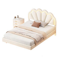 POLSTERBETT 140/200 cm beige mit Muschelkopfteil und LED - Beige, Holz
