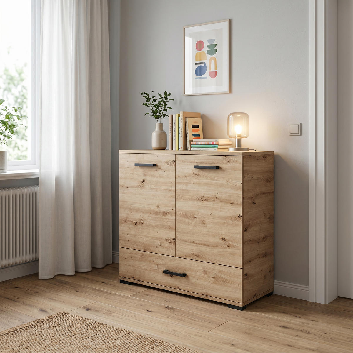 KOMMODE ALBANO 90/83/40cm mit 1 Schubladen 2 Türen Eiche Artisan - Eiche Artisan, Holzwerkstoff (90/83/40cm) - MASSENO