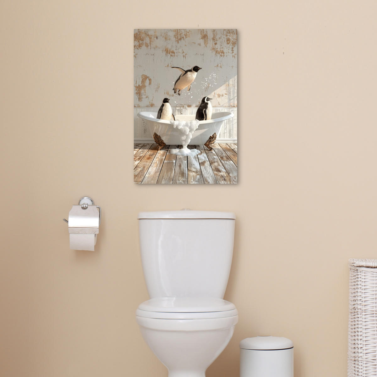 LEINWANDBILD Vintage - Pinguin - Badewanne - Schaumstoff 40x60 cm - Schwarz, Textil (40/60cm) - MuchoWow