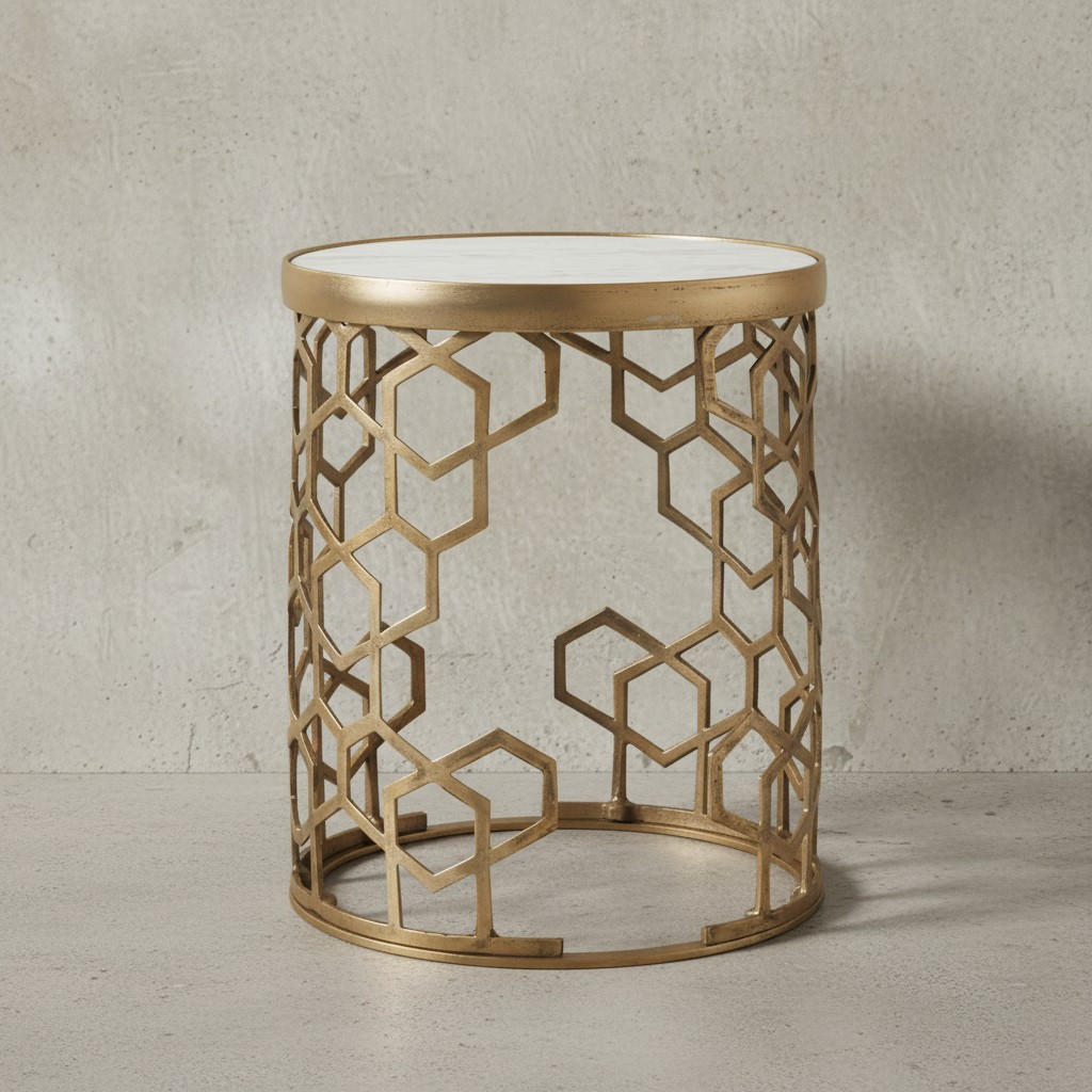 BEISTELLTISCH – Rund Marmoroptik Goldfarben Metall 44 cm Durchmesser - Goldfarben/Weiß, Stein/Metall (46/46/55cm) - KADIMA DESIGN