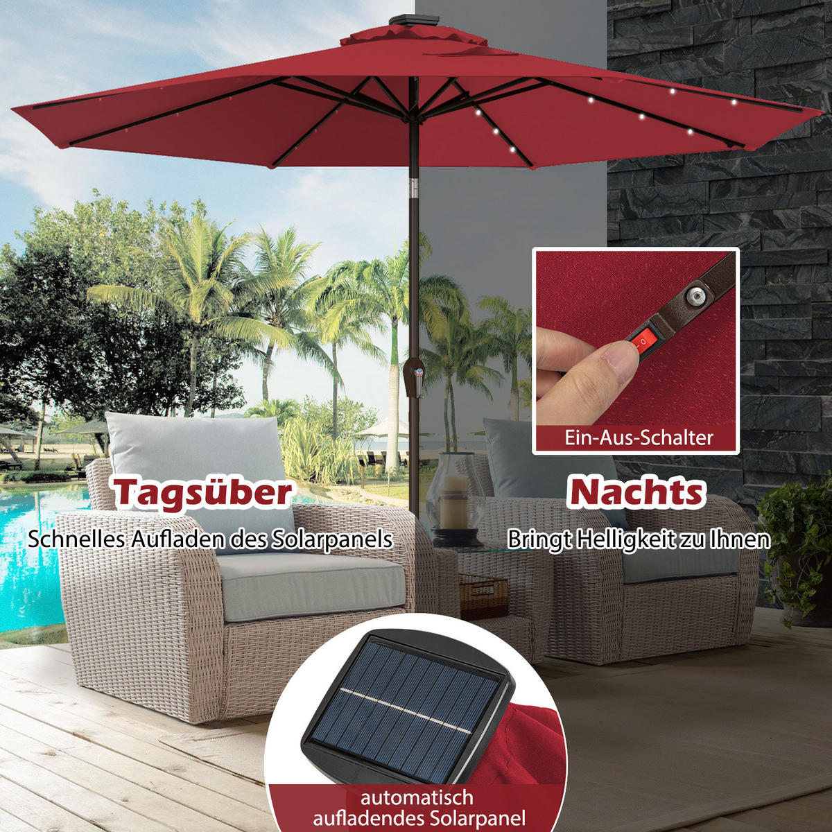 PATIO-SCHIRM Rot - Weinrot, Kunststoff (300/300cm) - COSTWAY