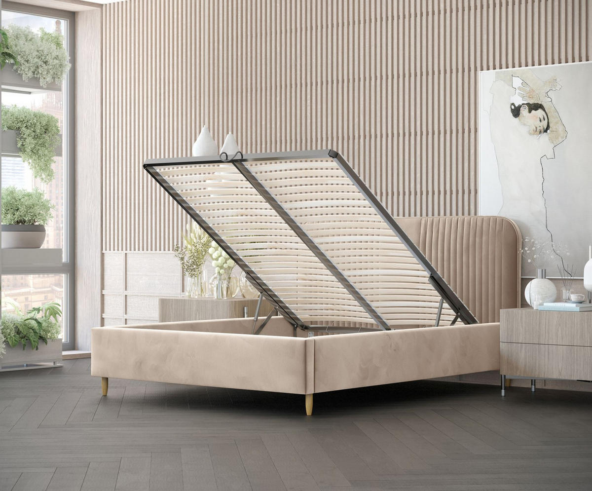 POLSTERBETT Livy Beige 140/200 cm im Samtstoff - Beige/Naturfarben, Holz/Holzwerkstoff (140/200cm) - Maison de Reve