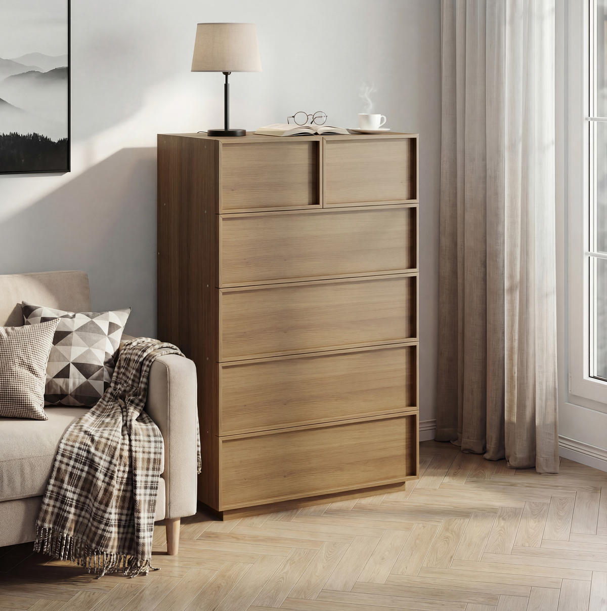 KOMMODE 80/127/48 cm Eichefarben aus MDF und Spanplatte mit 6 Schubladen - Nussbaumfarben, Holzwerkstoff (48/127/80cm) - OKMYHOME