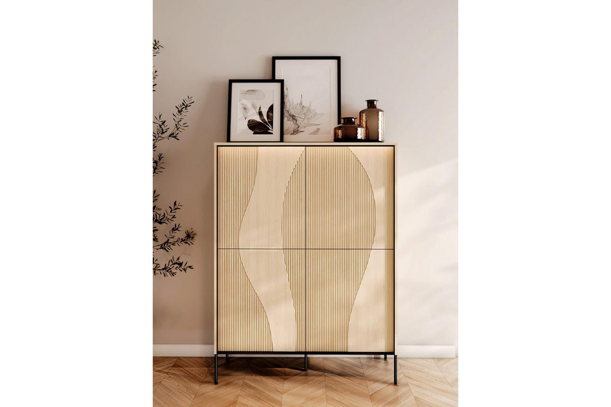 HOCHKOMMODE FAVOS 02 112/148/40 cm in Eiche Vincenza hell und Schwarz mit LED - Eichefarben/Schwarz, Holzwerkstoff (112/148/40cm) - Deine Möbel 24