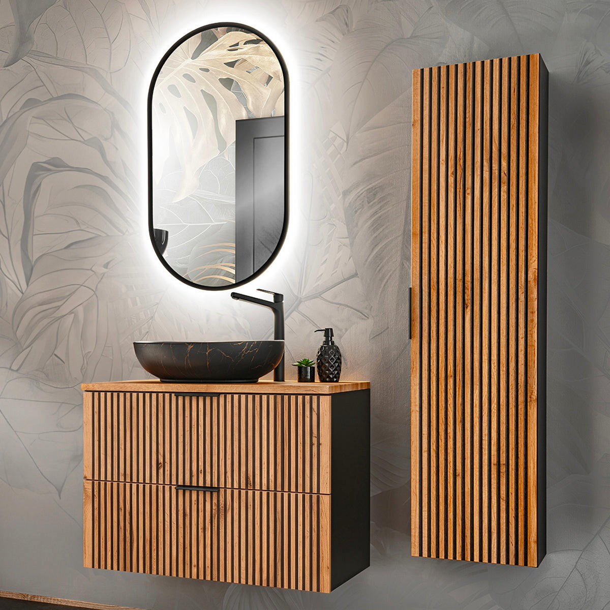 BADMÖBEL 80.6cm Gaia 2er-Set Holz in Eichenoptik und Schwarz - Schwarz, Holzwerkstoff (80.6/59/46cm) - Petits-meubles
