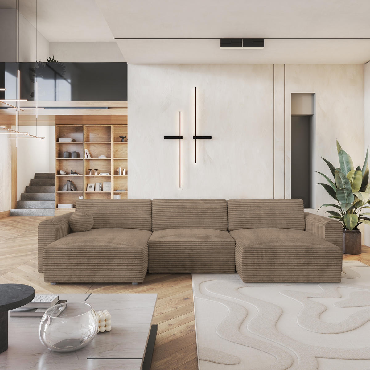 ROHOVÁ SEDAČKA FENTO béžová - šedá/béžová, dřevo/textil (347/148cm) - MASSENO