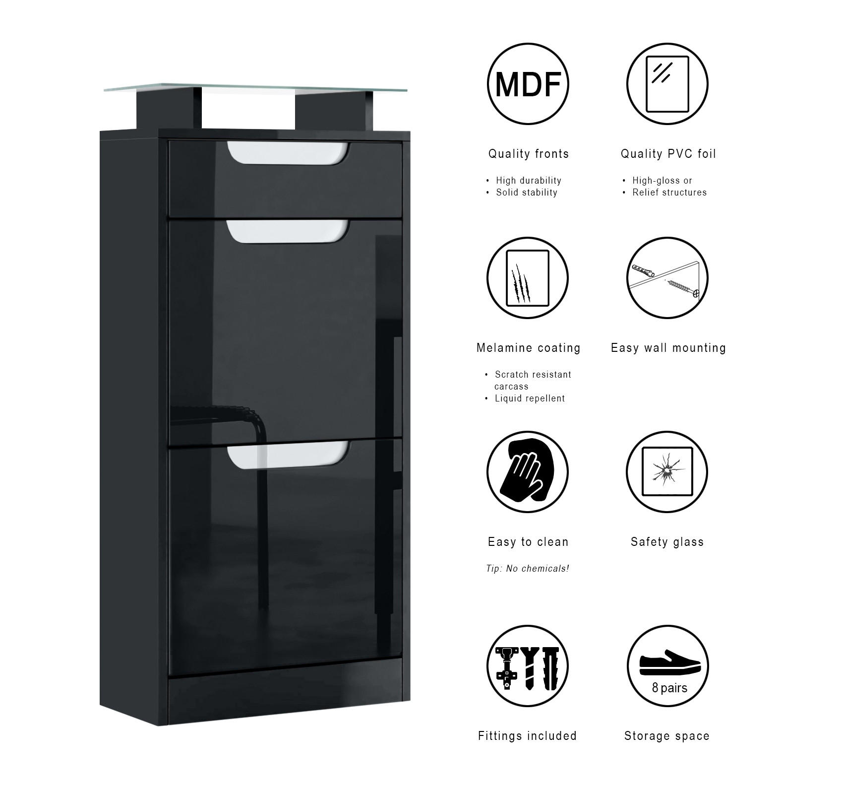 Thumbnail - Vladon Schuhschrank, Weiß Hochglanz, Holzwerkstoff, 46x104x23 cm, Garderobe, Schuhaufbewahrung, Schuhschränke