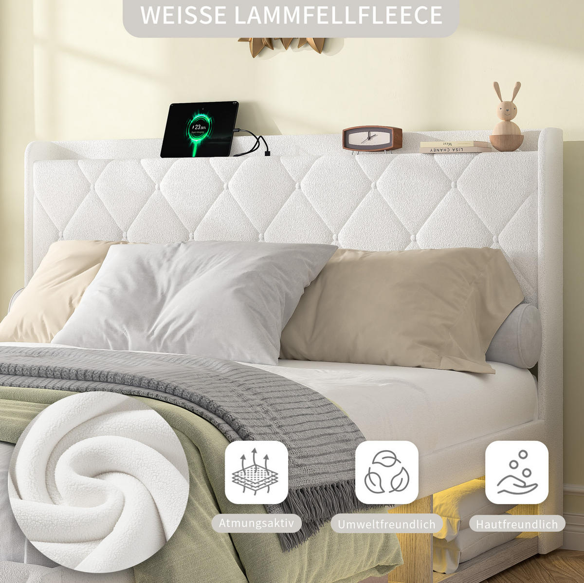 POLSTERBETT 160/200 cm aus Teddy-Stoff mit USB-Ladefunktion und LED-Beleuchtung Weiß - Weiß, Fell (160/200cm) - Modenvie