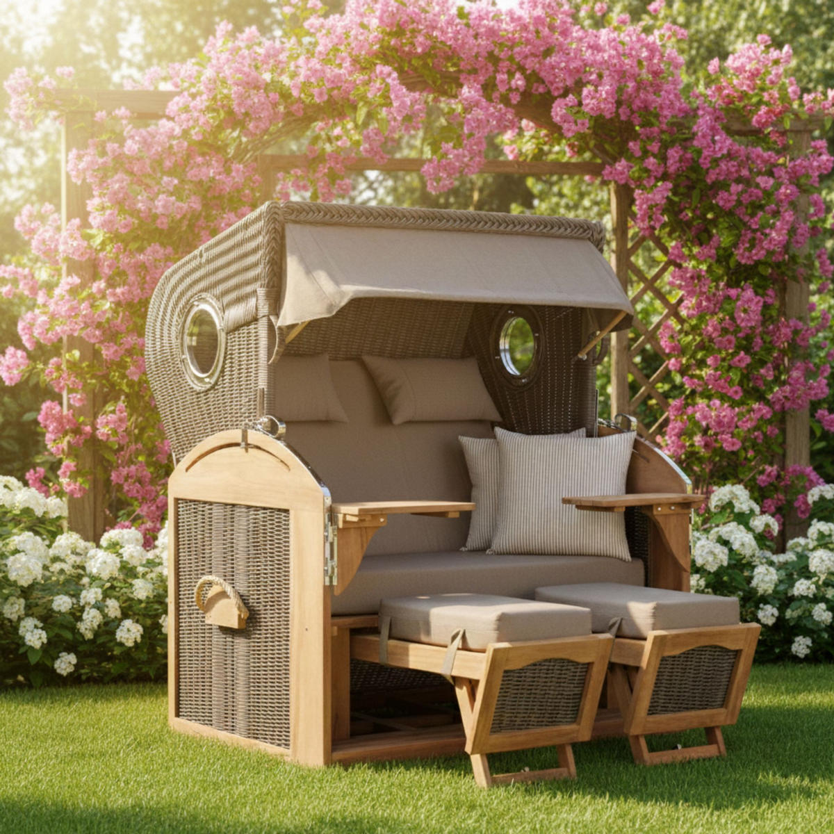 STRANDKORB XL Schillig Bullauge - Taupe/Braun, Metall (142/170/95cm) - Mr. Deko