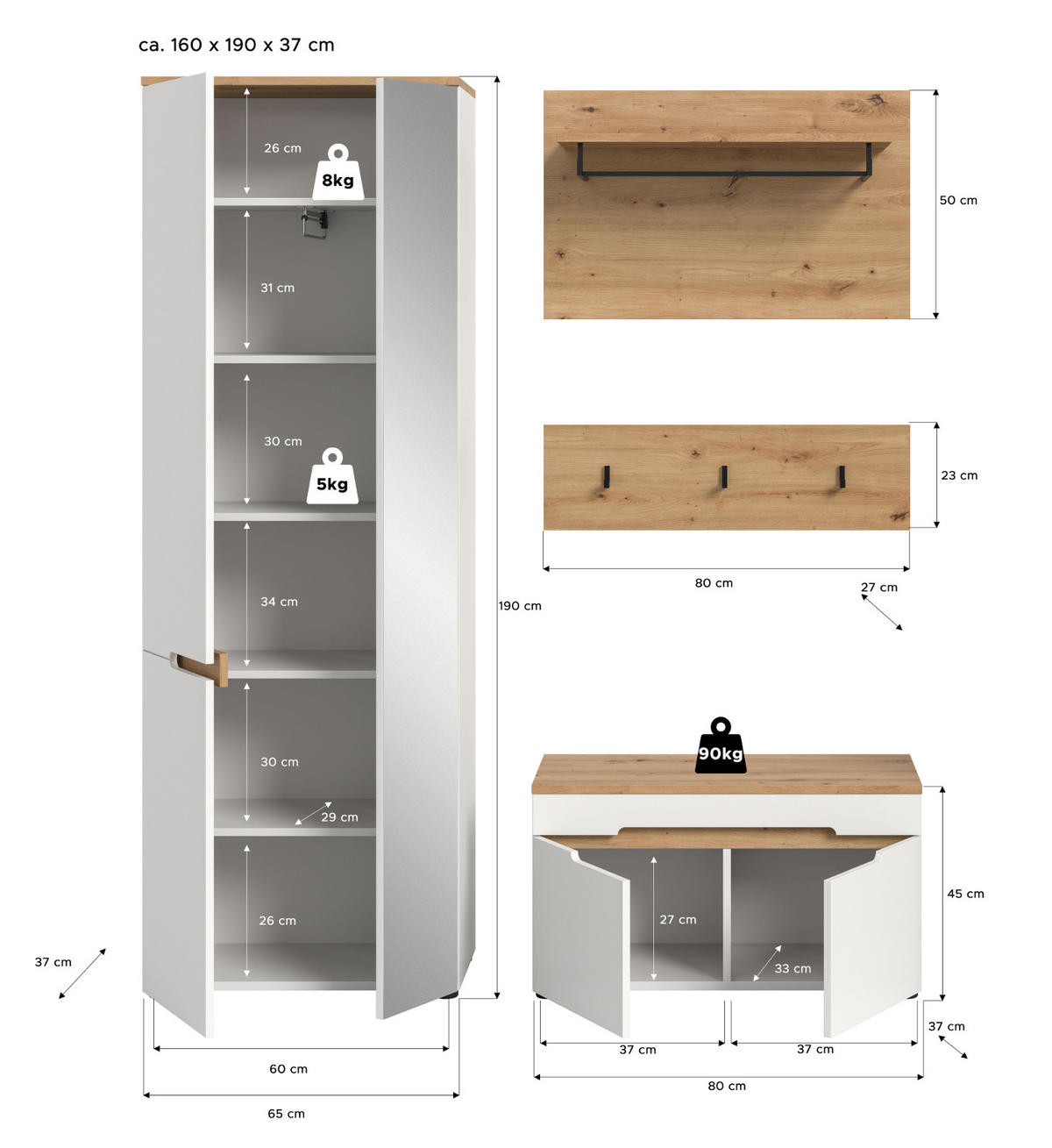 GARDEROBEN-SET weiß, Eiche Artisan 4-teilig 160 cm, Komplett-Set mit Soft-Close - Weiß, Glas/Holzwerkstoff (160/190/37cm) - Inn.Furn