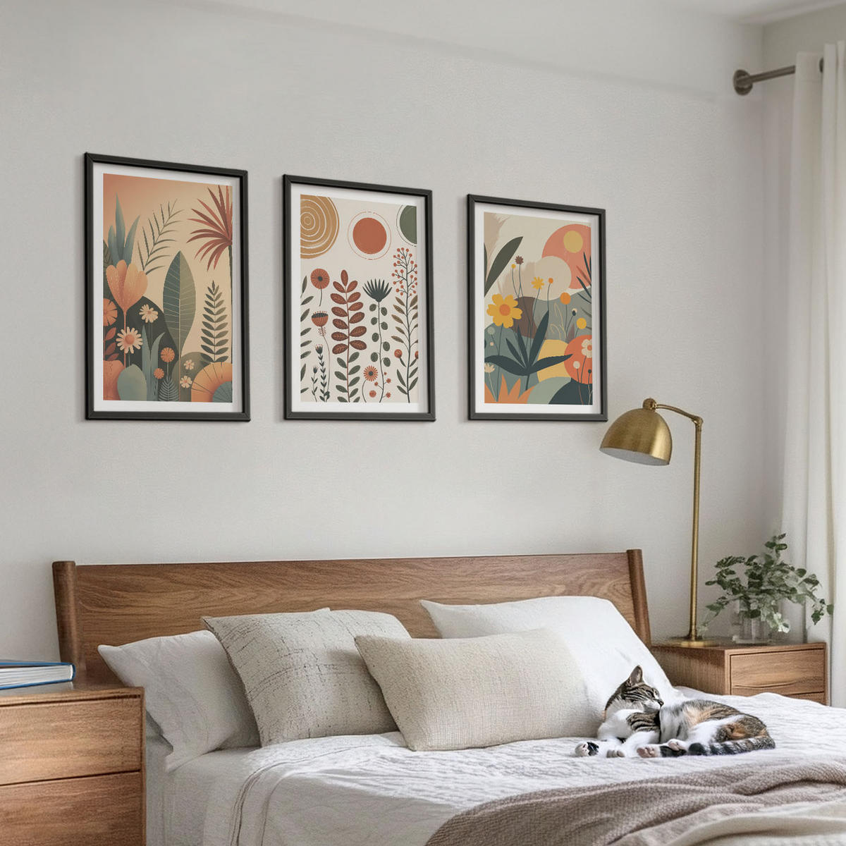 BILDER SET 3er Set - 40x60 cm Schwarzer Rahmen - Boho-Pflanzenmuster Natur - Schwarz, Kunststoff (40/60cm) - TULUP