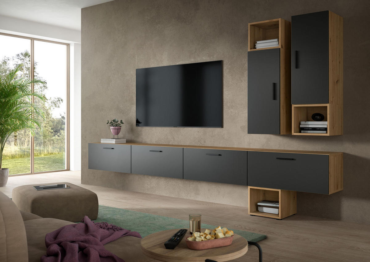 WOHNWAND Primo 6 tlg. (B/H/T: ca. 300/178/34 cm) in Artisan Oak /Basalt grau - Eiche Artisan, Holzwerkstoff (300/178/34cm)