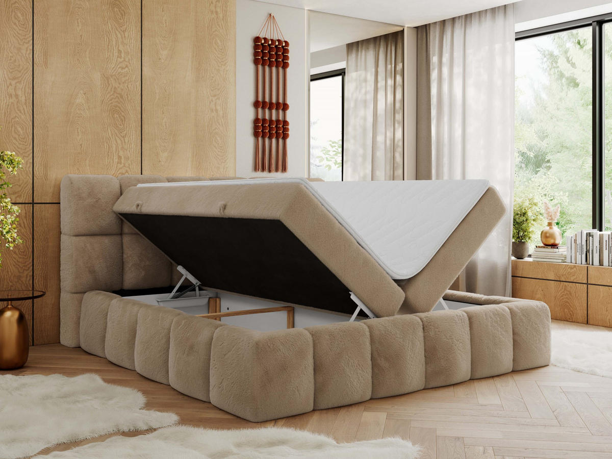 BOXBETT NIRA 200/200 - Beige Plüsch - H4 - Beige, Holz/Textil (200/200cm) - MKS