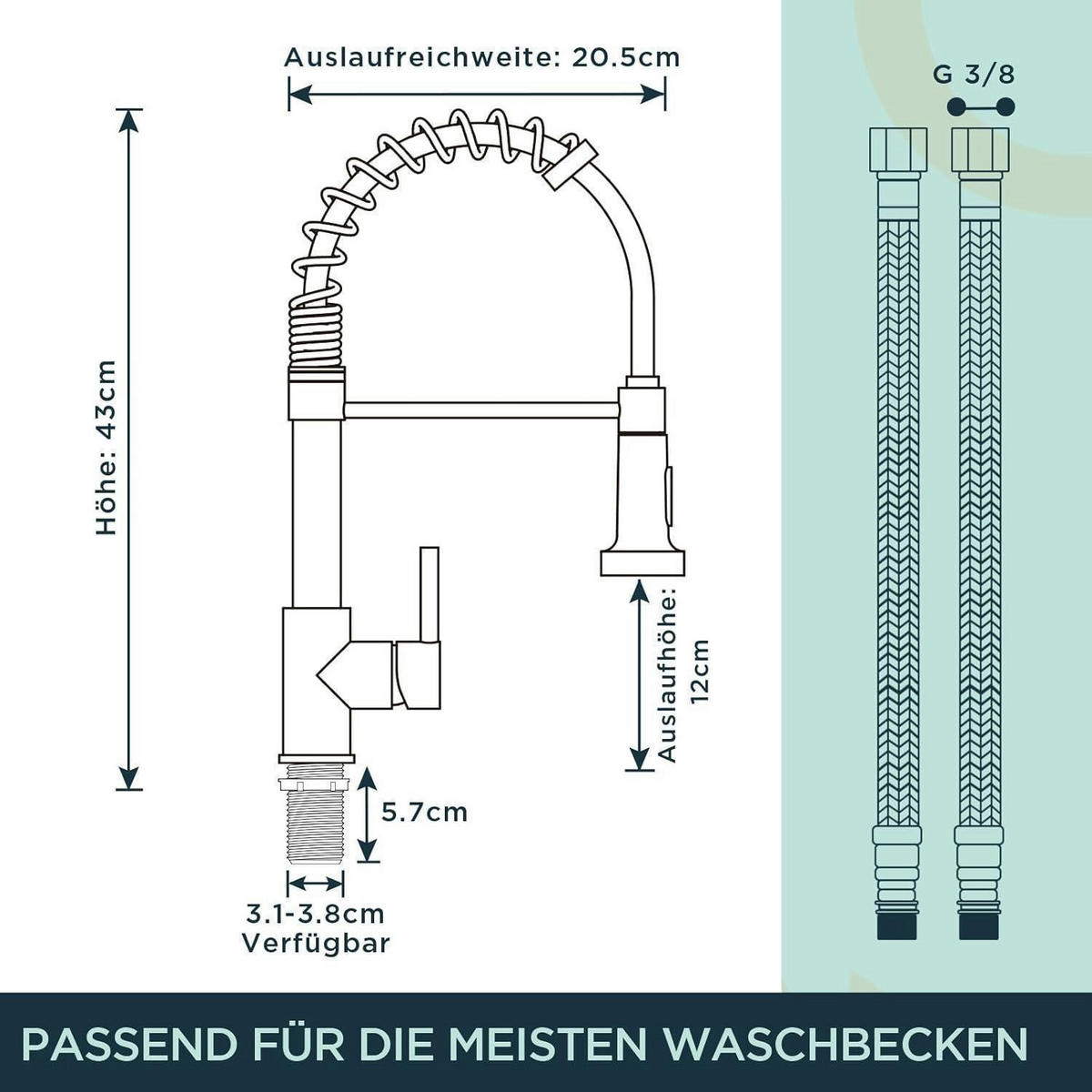 KÜCHENARMATUR mit ausziehbarer Brause, 360° drehbar, polierter Chrom - Silberfarben, Metall (5/43/20cm)