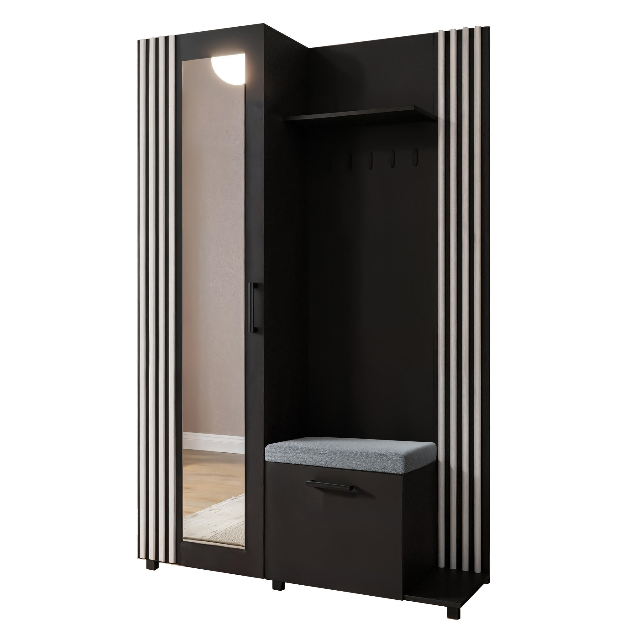 GARDEROBE Neli mit Lamellen und Spiegel, rechts, schwarz, weiß - Schwarz/Weiß, Kunststoff (42/207/79cm) - Margaret Hadas24