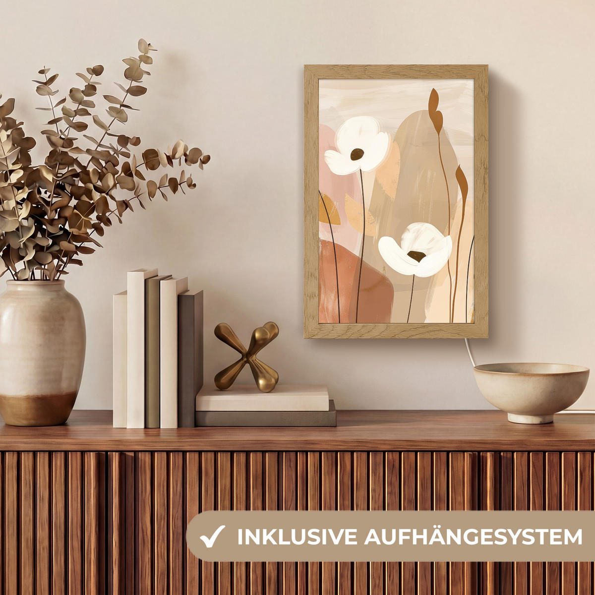 WANDLEUCHTE Blumen - Abstrakt - Beige - Strichzeichnung 20x30 cm - Sandfarben, Holzwerkstoff (20/30/8cm) - OnlyWow