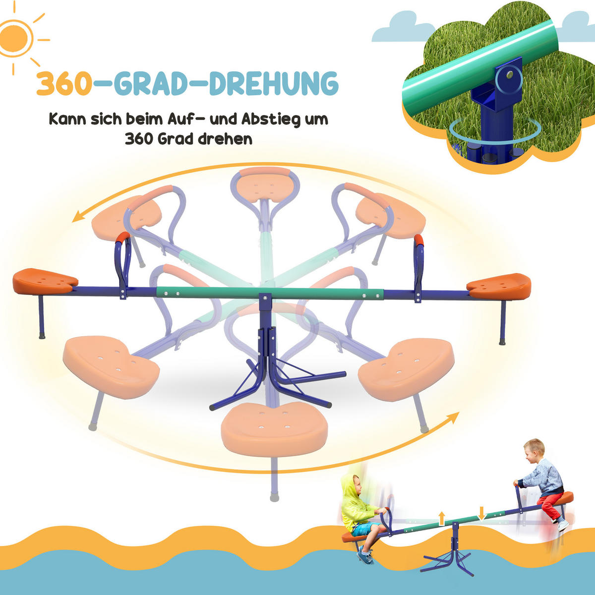 KINDERWIPPE 360° drehbar 2 Sitzer Gartenwippe bis 90kg mit Griffe Dämpfer - Multicolor, Metall (60/192cm) - Outsunny